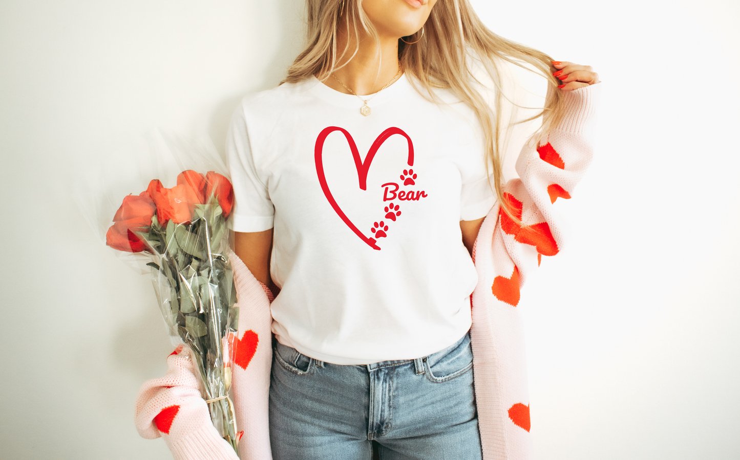 Personalized White Heart T-Shirt with Pet's Name - Bella Canvas